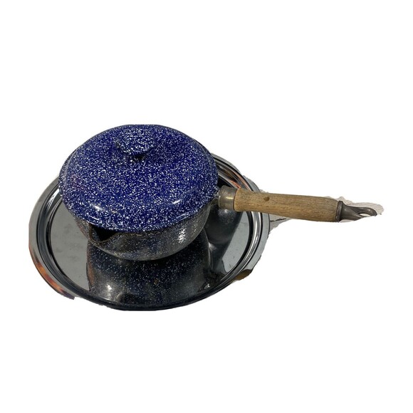 Boundary Waters - Cast Iron Blue Speckle Enamel 2 qt. Pot -‎ Wooden Handle & Lid - Picture 1 of 5